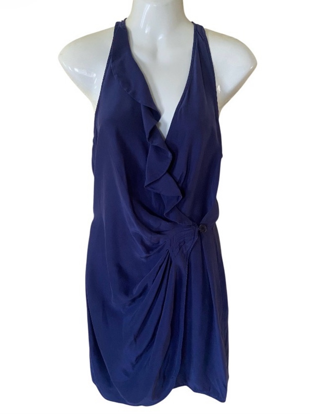 Parker 100% Silk Women's Navy Ruffle Wrap Halter Dress size M
